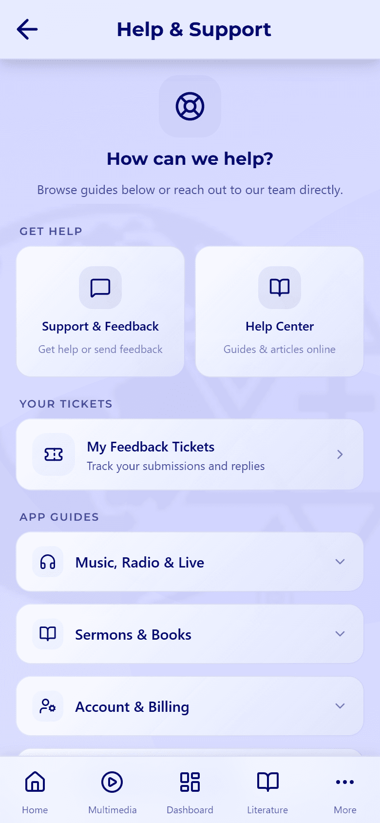 The Christ Gospel Church app Help & Support screen, showing the "How can we help?" hero, Support & Feedback and Help Center quick-action cards, a My Feedback Tickets row under Your Tickets, and expandable App Guides categories like Music, Radio & Live and Sermons & Books.
