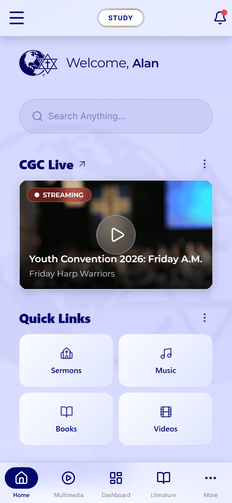 The Christ Gospel Church app Home screen after reopening the app, showing the Welcome banner, the Search Anything search bar, the CGC Live streaming card, and the Quick Links section with Sermons, Music, Books, and Videos tiles.